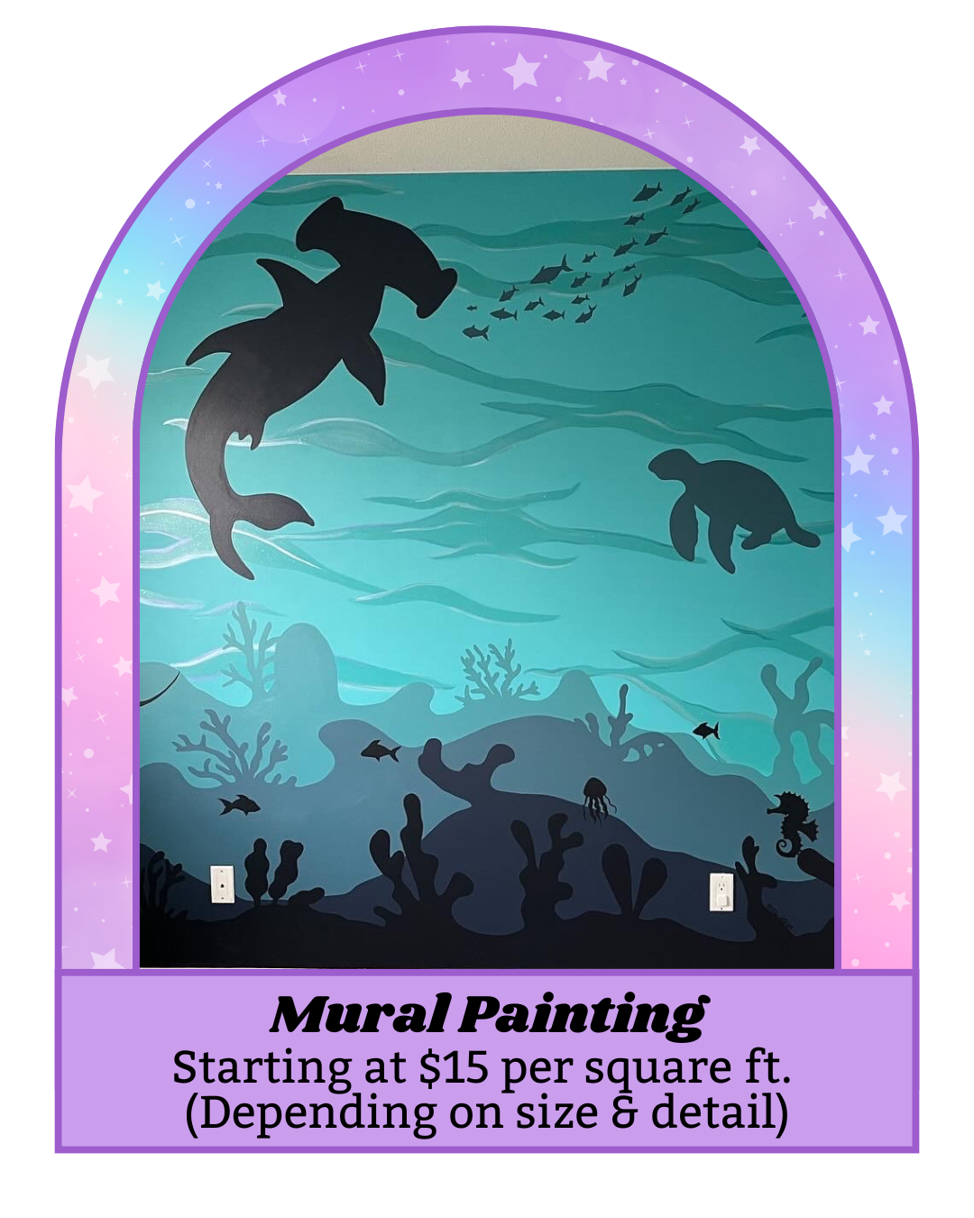 A colorful underwater mural painting featuring various sea creatures such as a large whale, smaller fish, a turtle, a seahorse, and coral reefs, with a purple and pink starry border at the top and description at the bottom promoting mural painting services.