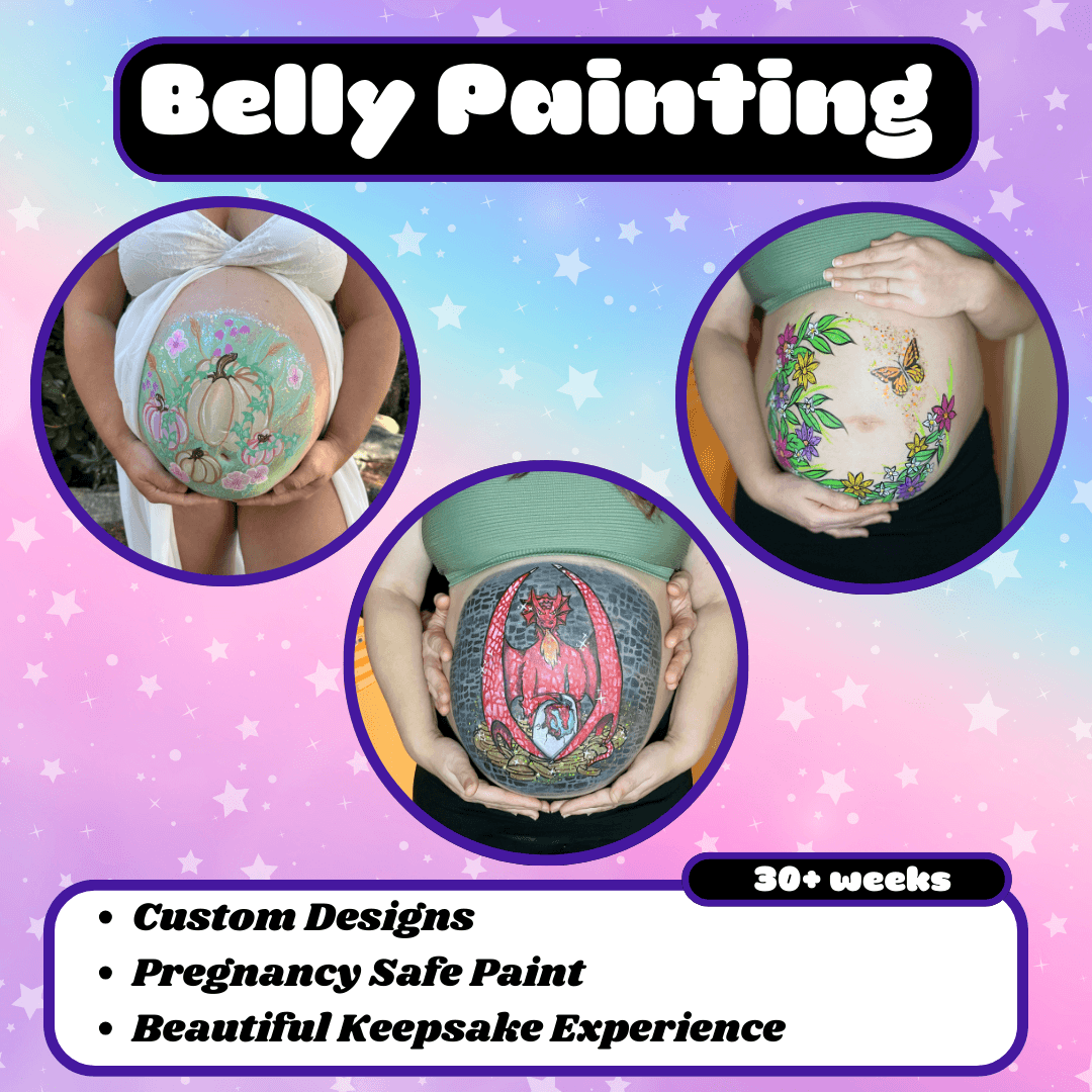 An advertisement for belly painting services featuring three photos of painted pregnant bellies with custom designs. The background has pastel colors and star patterns. Text highlights the service includes custom designs, pregnancy-safe paint, and keepsake experience. A review from Margaret shares her positive experience, and a black button labeled 'More info' is at the bottom.