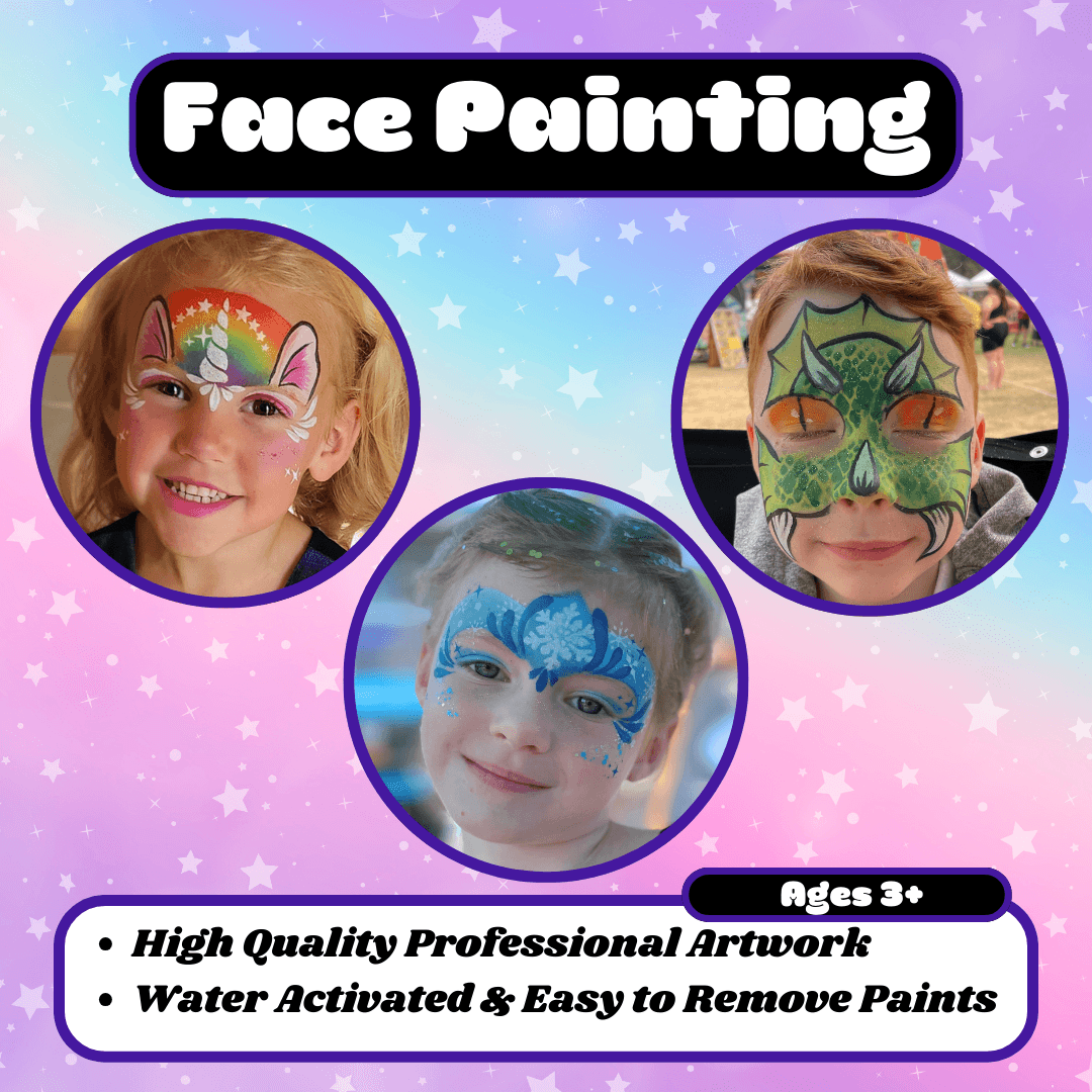 Colorful promotional poster for face painting services, featuring images of children with painted faces, stars, and a pastel starry background. Text highlights professional quality, water activation, and easy removal, with customer review praising the artwork.