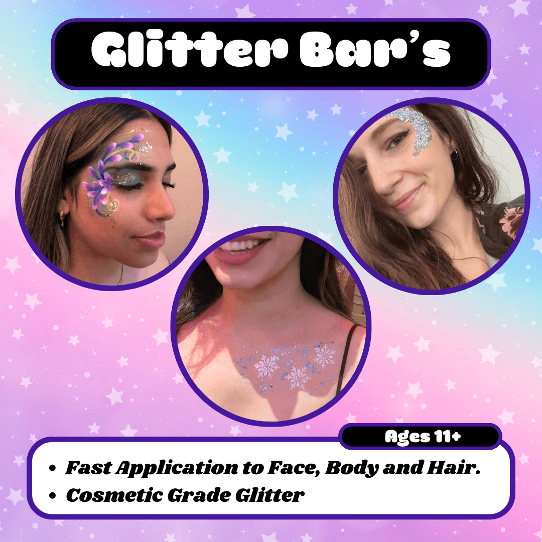 Promotional poster for Glitter Bar's glitter application service, featuring photos of women with face and body glitter, a rainbow-colored starry background, and information about the service for ages 7 and up, including quick application for face, body, and hair, with cosmetic grade glitter. There is also a testimonial from Naomi, an event coordinator, praising the team, plus a 'More info' button.
