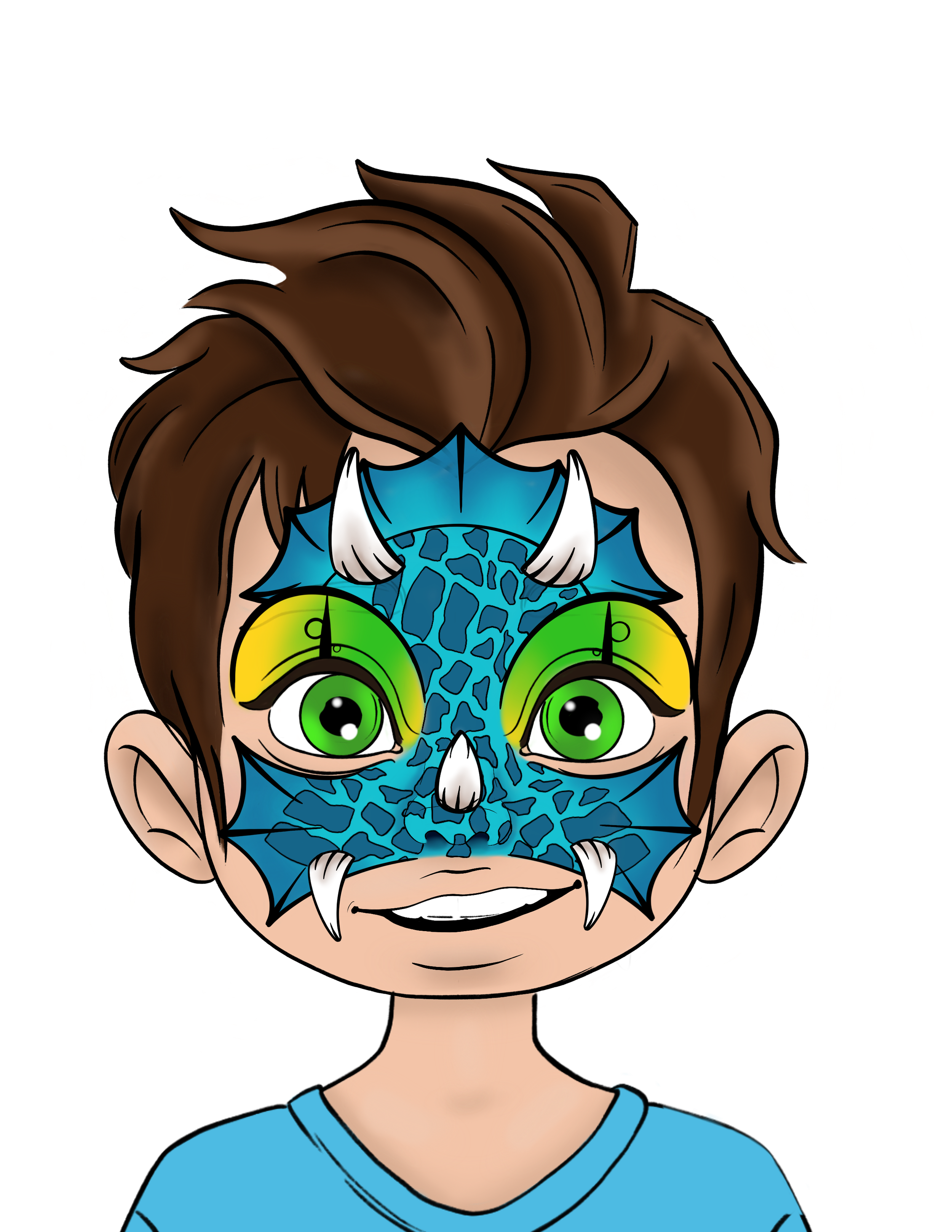 Digital cartoon illustration of a smiling young boy with short brown hair, wearing a blue shirt, with a brightly colored dragon mask covering half of his face. The mask features blue scales, white horns, green eyes, and a shaded yellow and green area around the eyes.