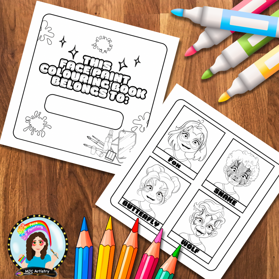 Coloring book page with wild animal face paint themes: fox, butterfly, snake, wolf, outlined for coloring, placed on a wooden surface with colored markers and paint supplies.