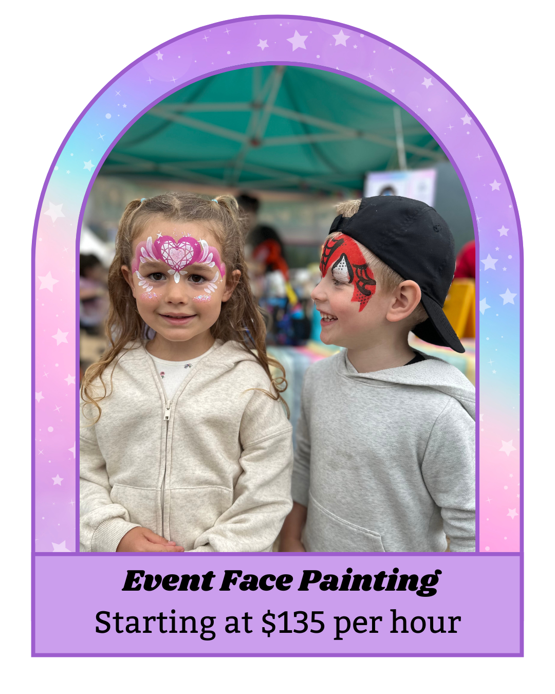 Two children with face paint at an event, girl with pink and white heart face paint design, boy with red and black Spider-Man face paint design, standing outdoors under a tent in Vancouver BC.