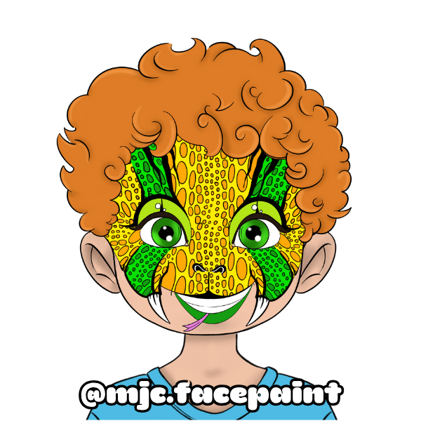 Cartoon of a child's face with a leopard face paint design, curly orange hair, big green eyes, wearing a blue shirt, with a signature '@mjc.facepaint' at the bottom.