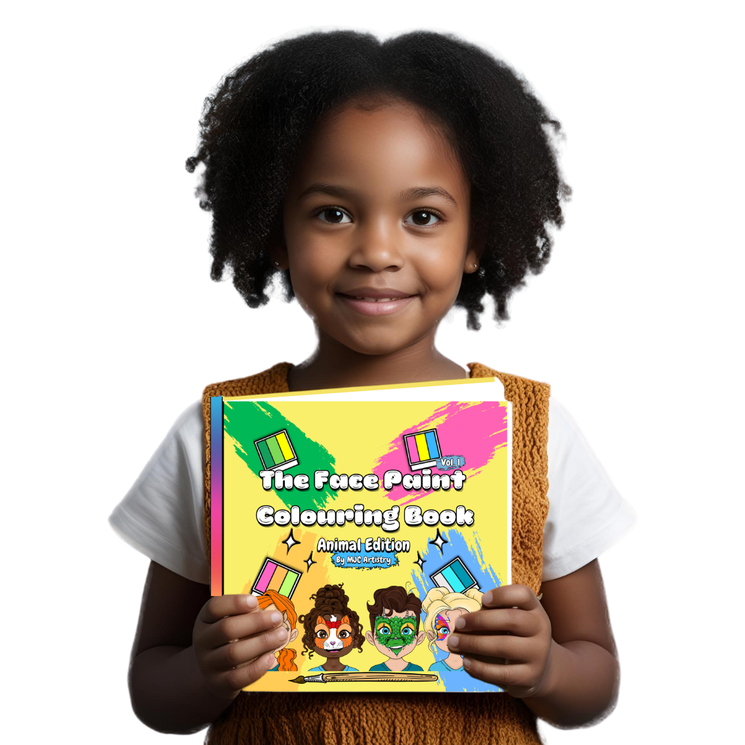 A young girl holding a coloring book titled 'The Face Paint Coloring Book Animal Edition' with colorful illustrations of children painted as animals on the cover.