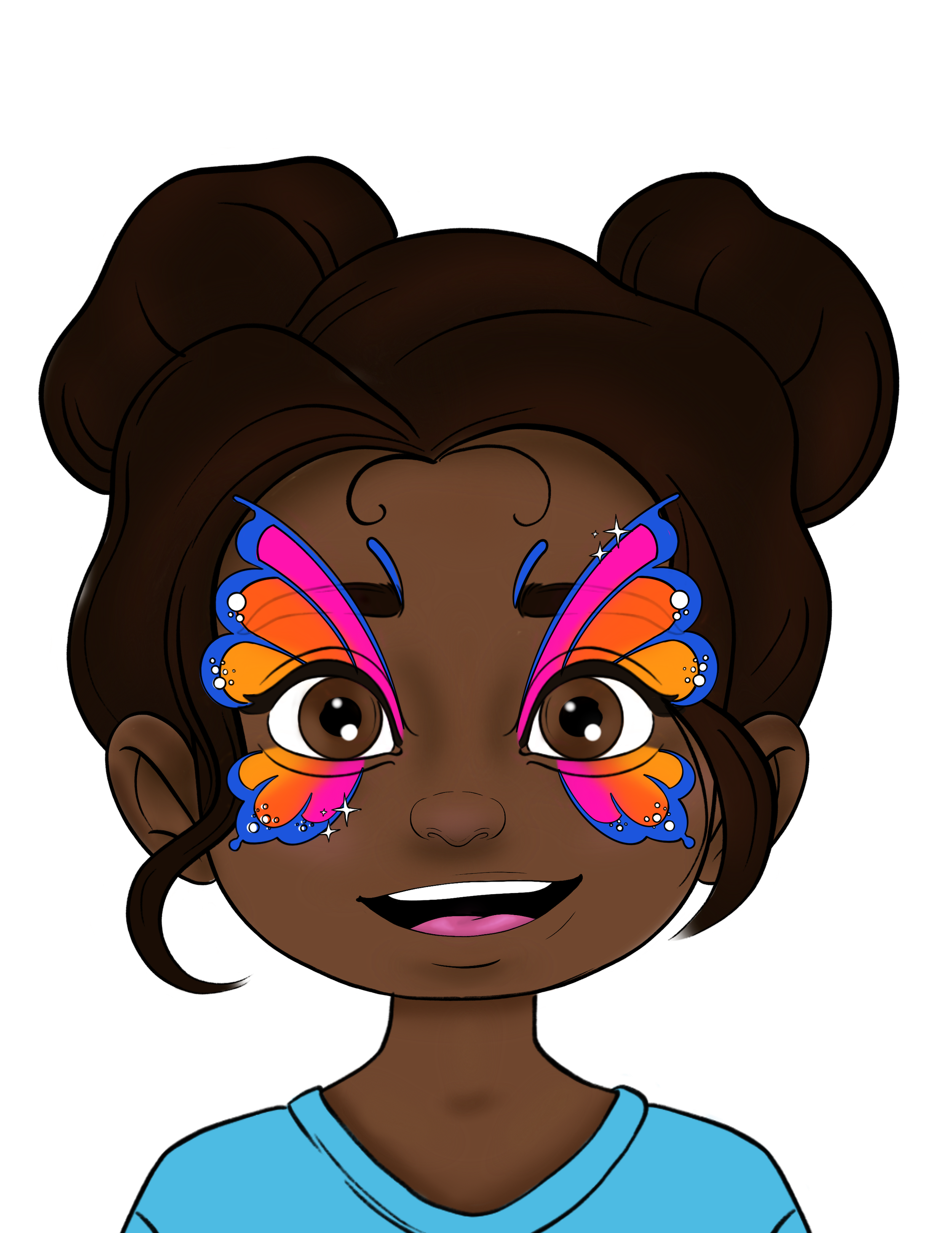 A smiling girl with butterfly face paint around her eyes, featuring pink, blue, orange, and purple colors, with big brown eyes and dark hair in buns, wearing a blue shirt.