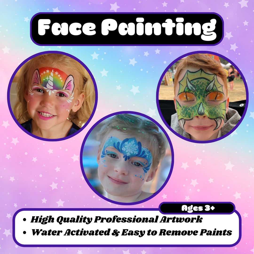 Colorful promotional poster for face painting services, featuring images of children with painted faces, stars, and a pastel starry background. Text highlights professional quality, water activation, and easy removal, with customer review praising the artwork.