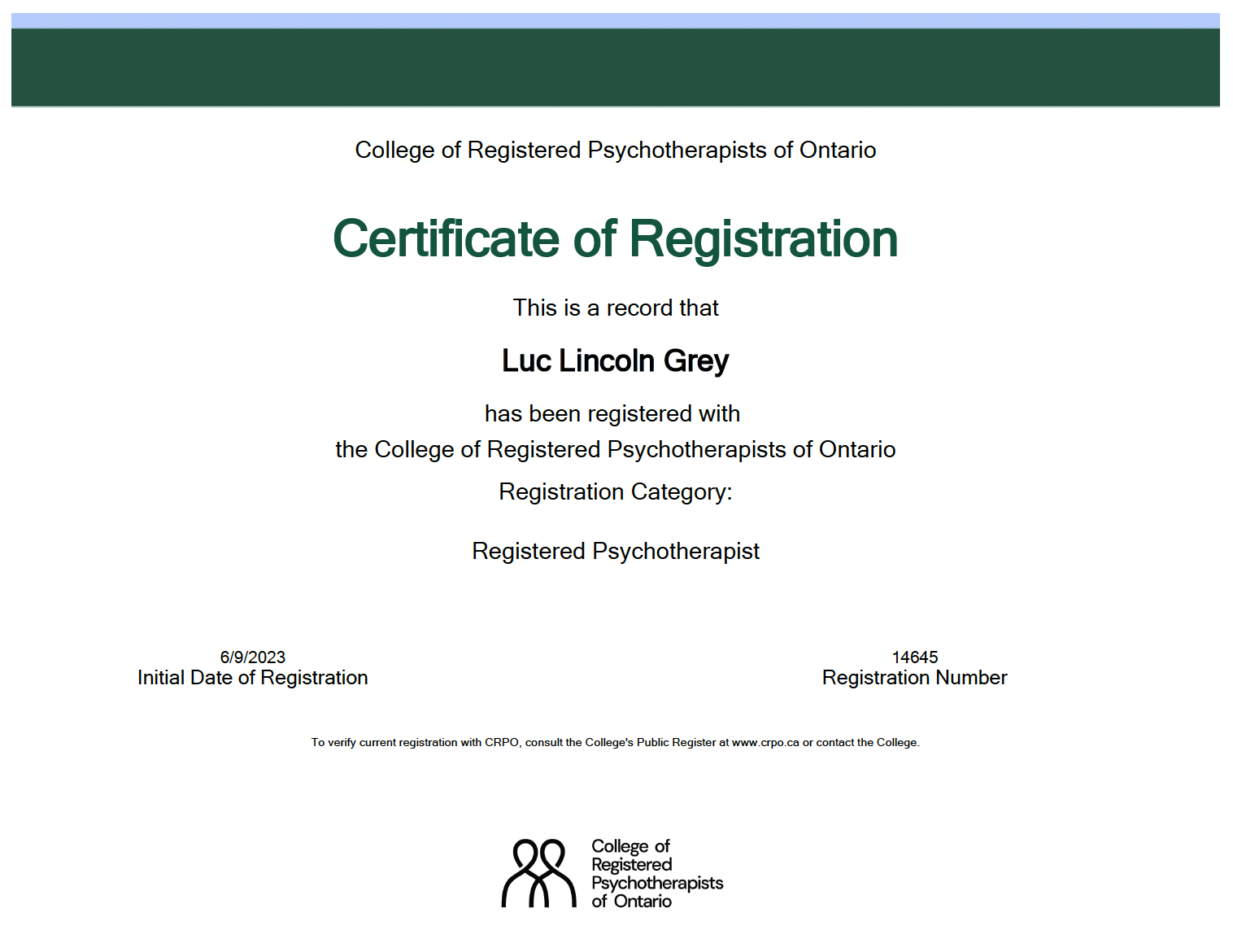 Certificate of registration for Luc Lincoln Grey with the College of Registered Psychotherapists of Ontario