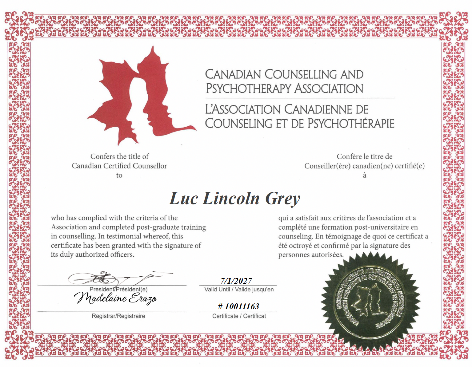 Certificate of registration for Luc Lincoln Grey with theCanadian Counselling and Psychotherapy Association