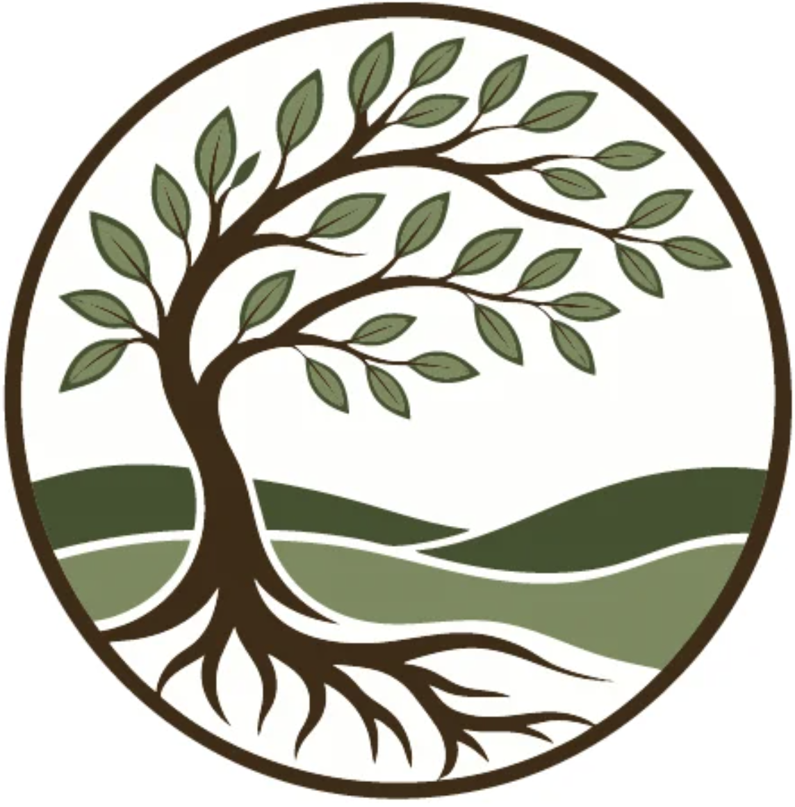 A circular logo featuring a stylized tree with a brown trunk and branches, green leaves, and a landscape of rolling hills beneath, all enclosed within a brown border.
