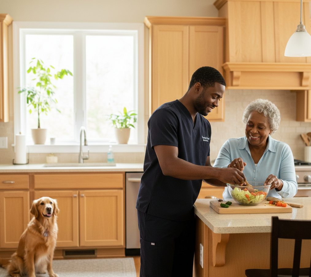 A caregiver and an elderly woman preparing a salad together in a bright kitchen, with a golden retriever sitting on the floor nearby.