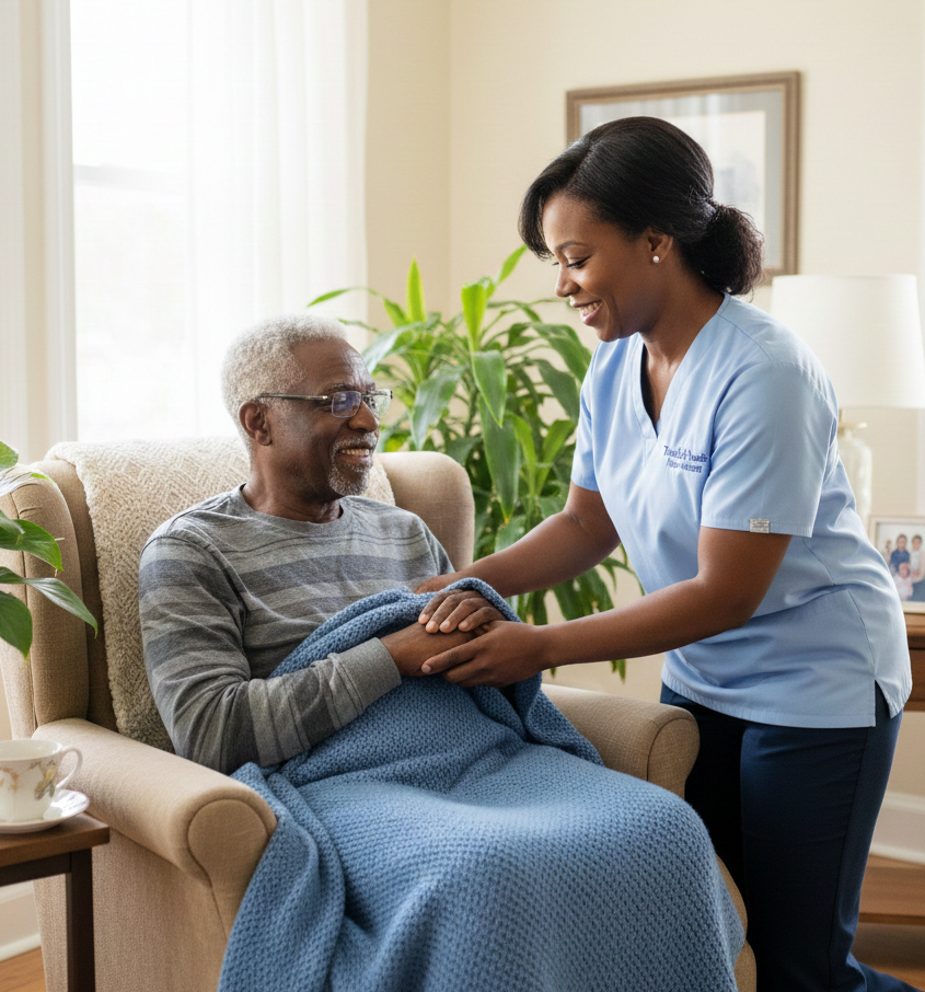Nursing assistant comforting elderly man in living room