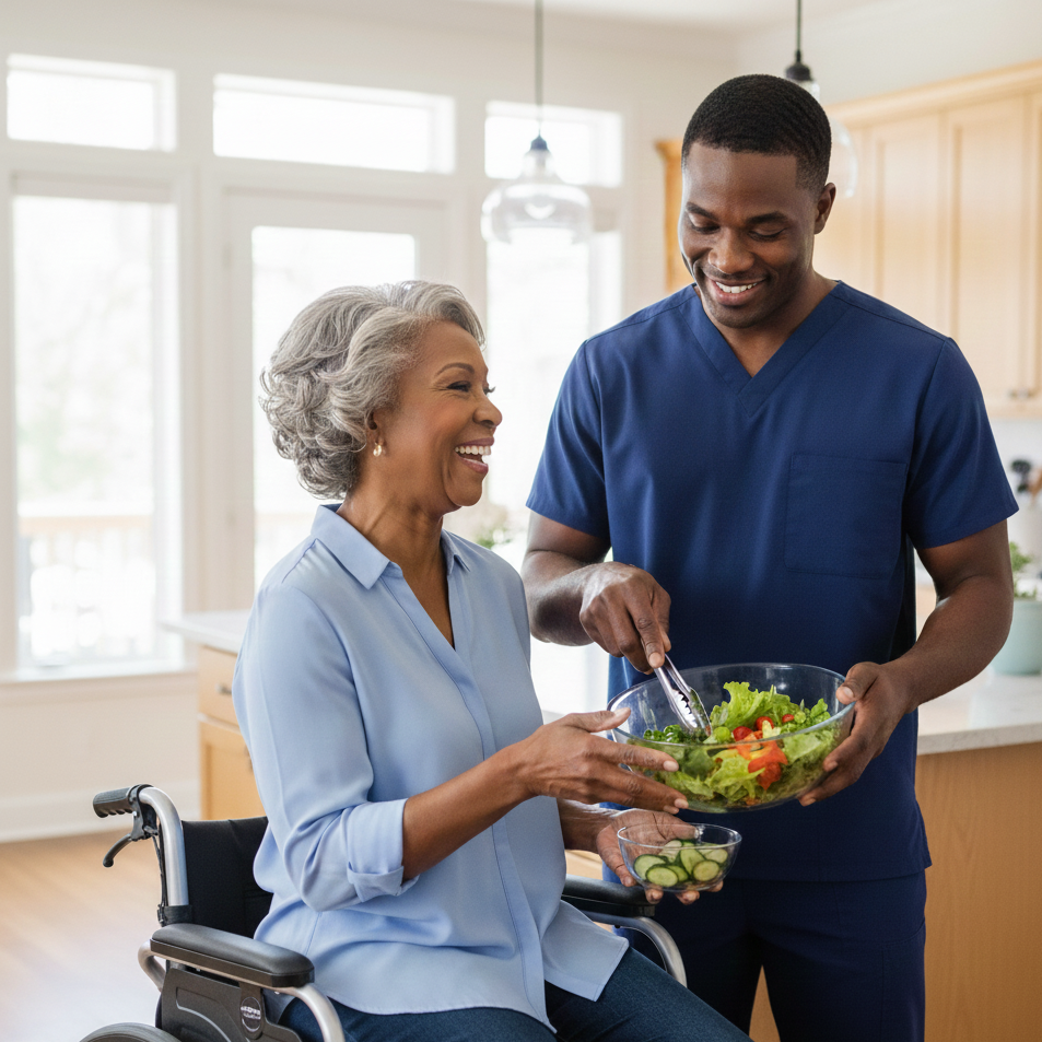 A healthcare worker and an elderly woman in a wheelchair sharing a moment while preparing a salad together in a bright kitchen.
