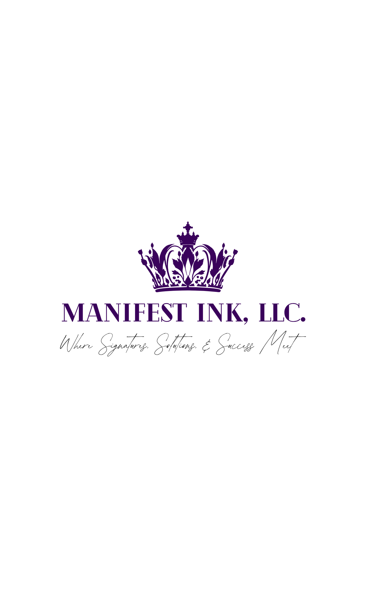 Black background with a purple crown graphic and the text 'MANIFEST INK, LLC.' in purple.