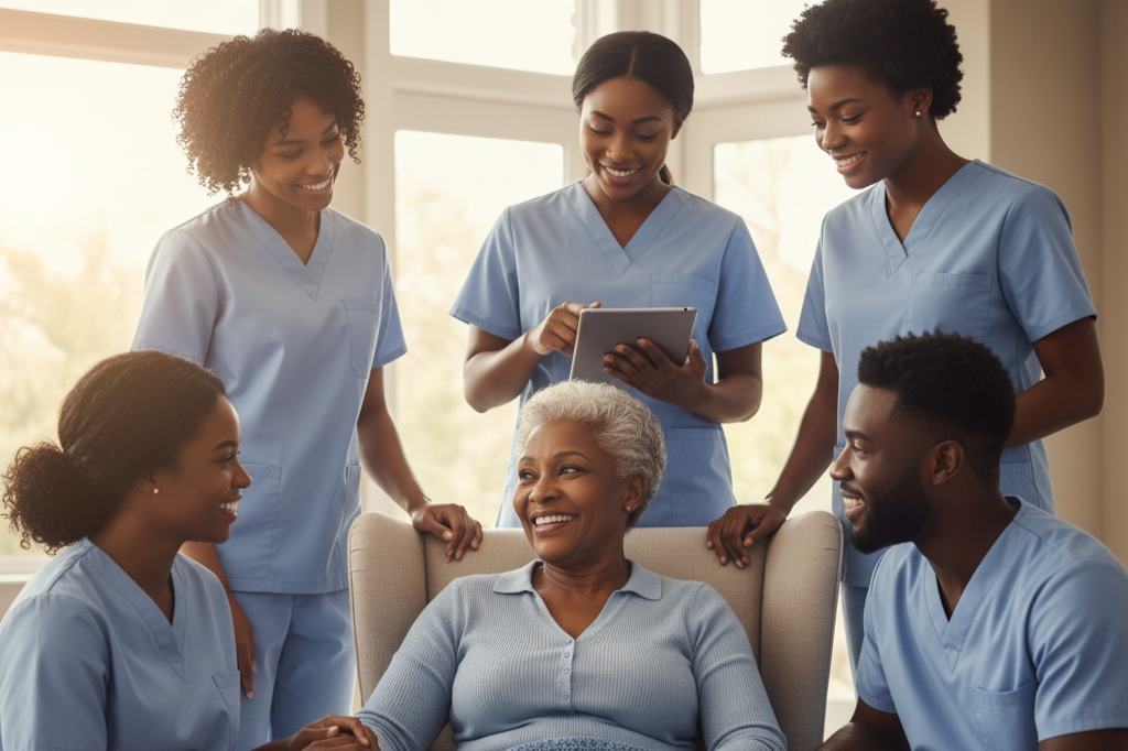 A group of five healthcare professionals surrounding an elderly woman in a chair, all smiling.