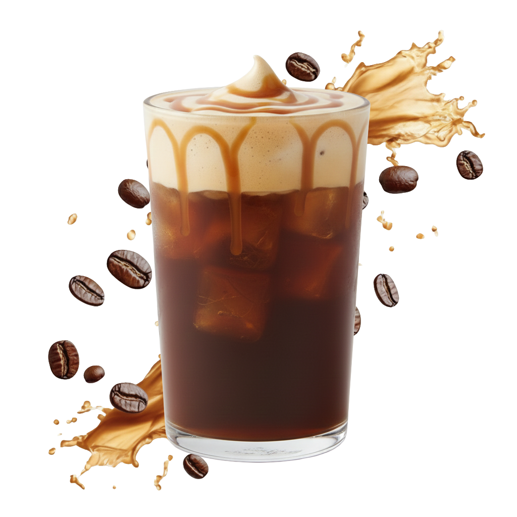 Un verre de café glacé avec de la crème fouettée, de la sauce caramel, des grains de café et des éclaboussures de café.