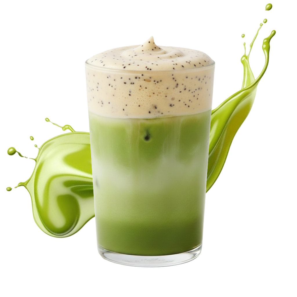 Verre de boisson verte avec une mousse ou crème en haut, garnie de graines de chia ou de vanille, avec une acclamation de liquide vert à gauche.