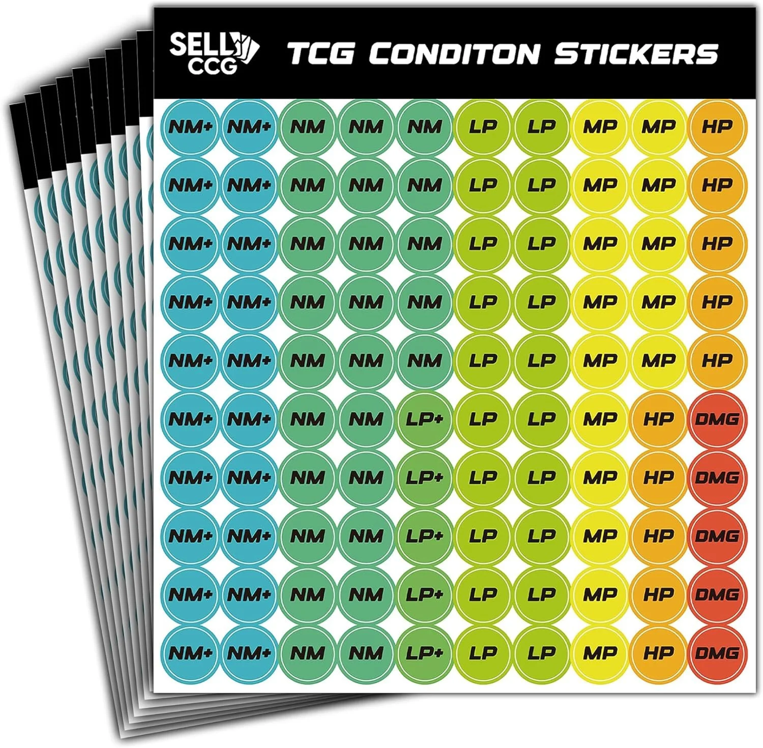 1,000x TCG Condition Stickers for Trading Card Game Conditions in Penny Sleeves, Card Savers & Toploaders - SellCCG TCG Price Tag Stickers for Vendors & Streamers - Includes (NM+/NM/LP+/LP/MP/HP/DMG)