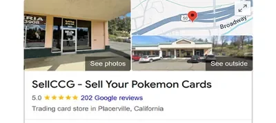 Screenshot of a Google listing for SellCCG, a trading card store in Placerville, California, showing store exterior and location on map.