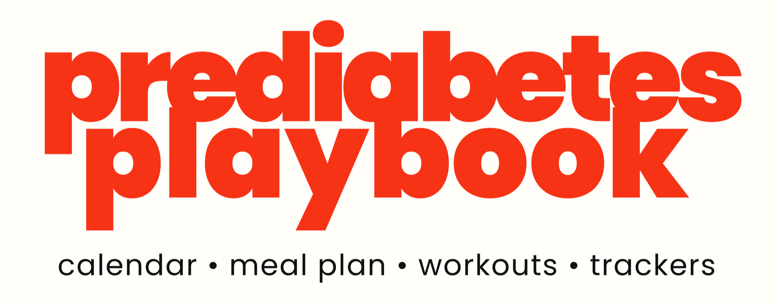Red text reading 'prediabetes playbook' with smaller black text below listing 'calendar, meal plan, workouts, trackers'.