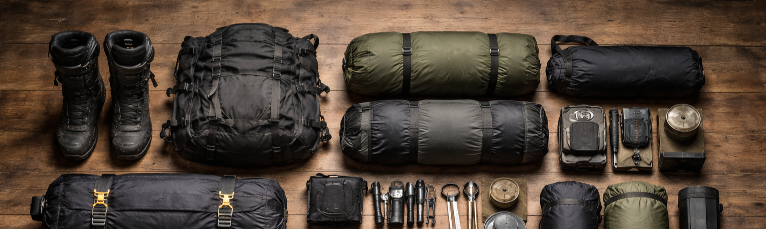 Camping gear neatly organized on a wooden surface, including boots, backpacks, sleeping bags, and various outdoor accessories.