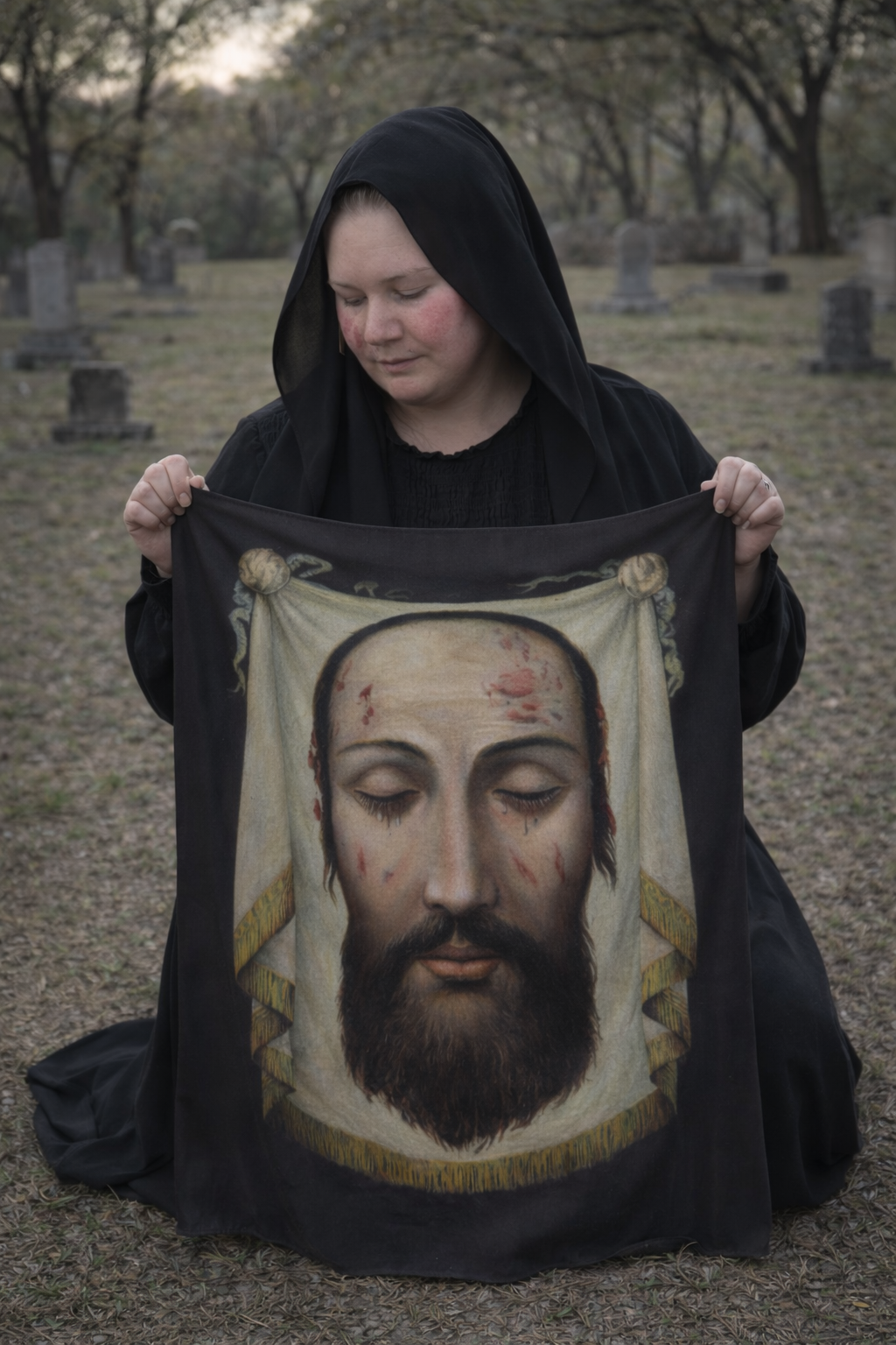 Linda Grace, the heart and steward behind the Holy Souls Society is modestly dressed in all black with a veil holding a banner of the Holy Face of Jesus Christ with a sorrowful expression, scars, and a beard, in an outdoor graveyard setting.