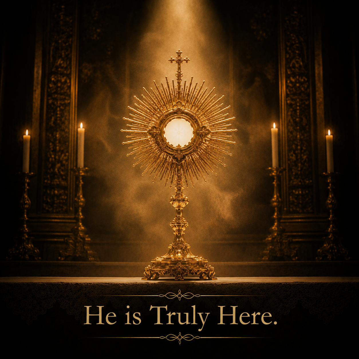 A golden monstrance on an altar, illuminated by a warm light, with four candles in the background, and the words "He is Truly Here" at the bottom.