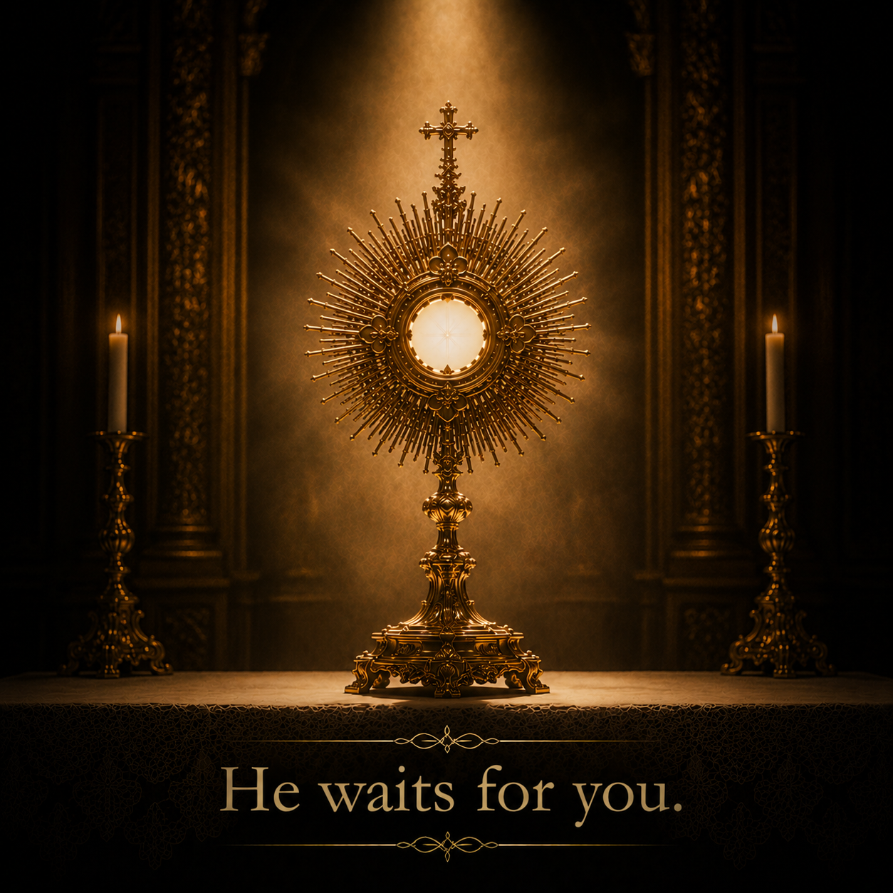A golden monstrance with a circular center piece and intricate design, standing on an altar flanked by two lit candles, in a dimly lit church setting.