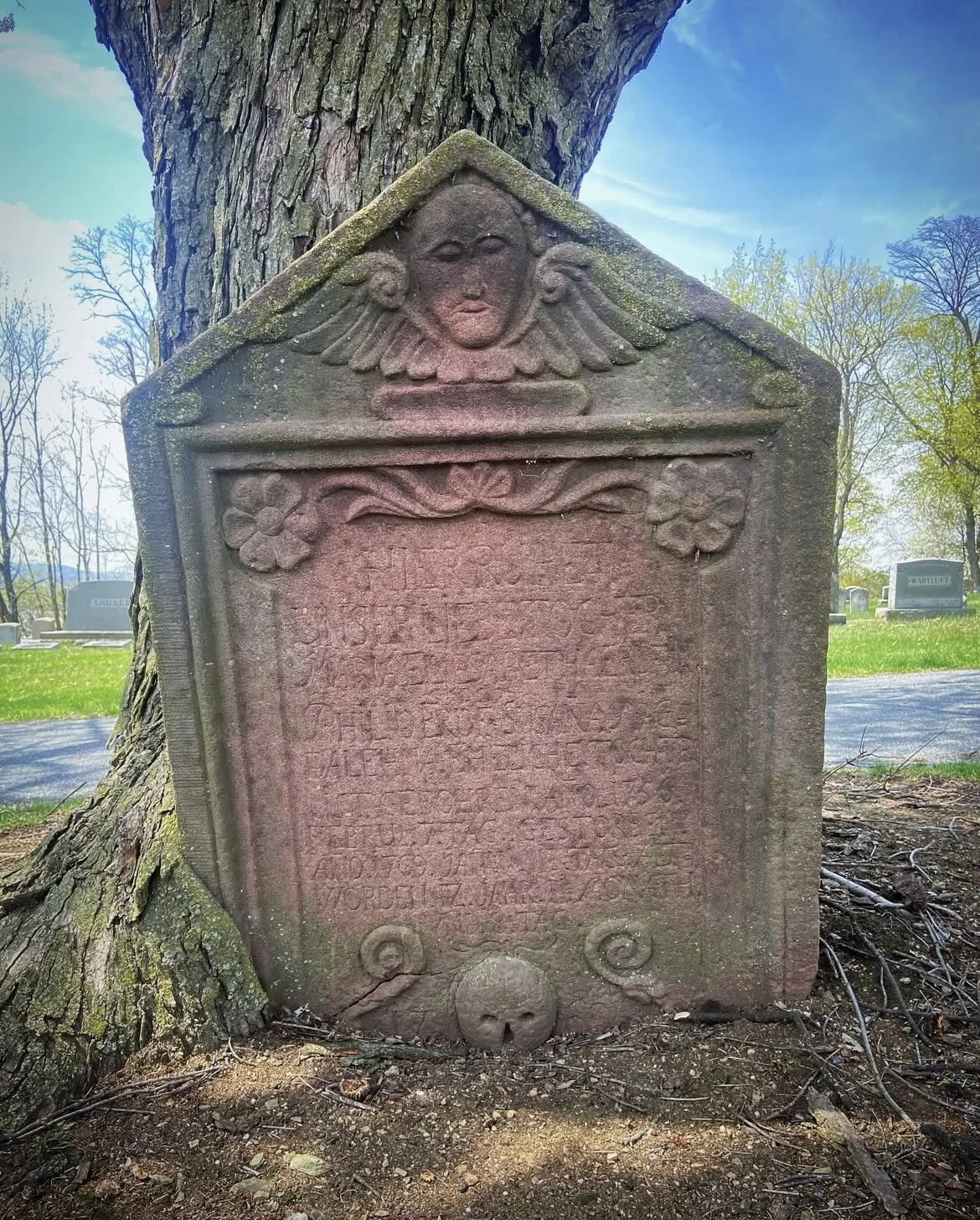 An old, weathered gravestone with carved decorative elements, including a face with wings at the top, flowers, and a skull at the bottom. It is situated at the base of a large tree in a cemetery with other gravestones visible in the background.