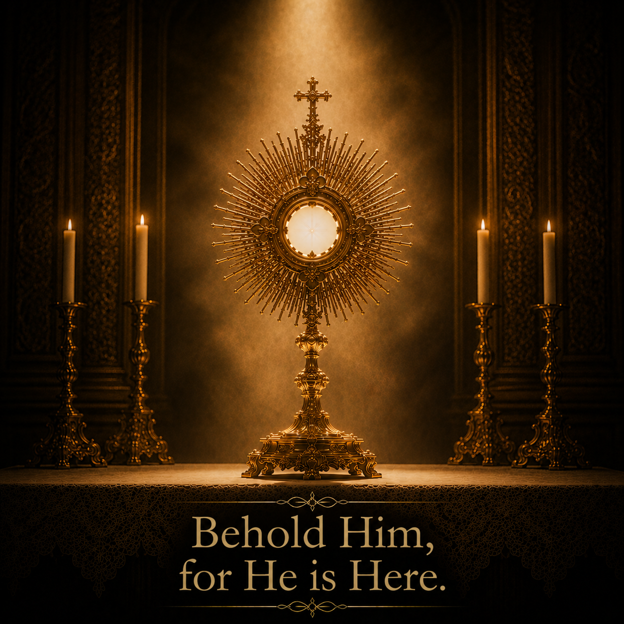 A gold monstrance with a circular center, surrounded by radiating spokes, on a table with two lit candles on ornate gold candlesticks; background is dark and richly decorated, with the text 'Behold Him, for He is Here' at the bottom.