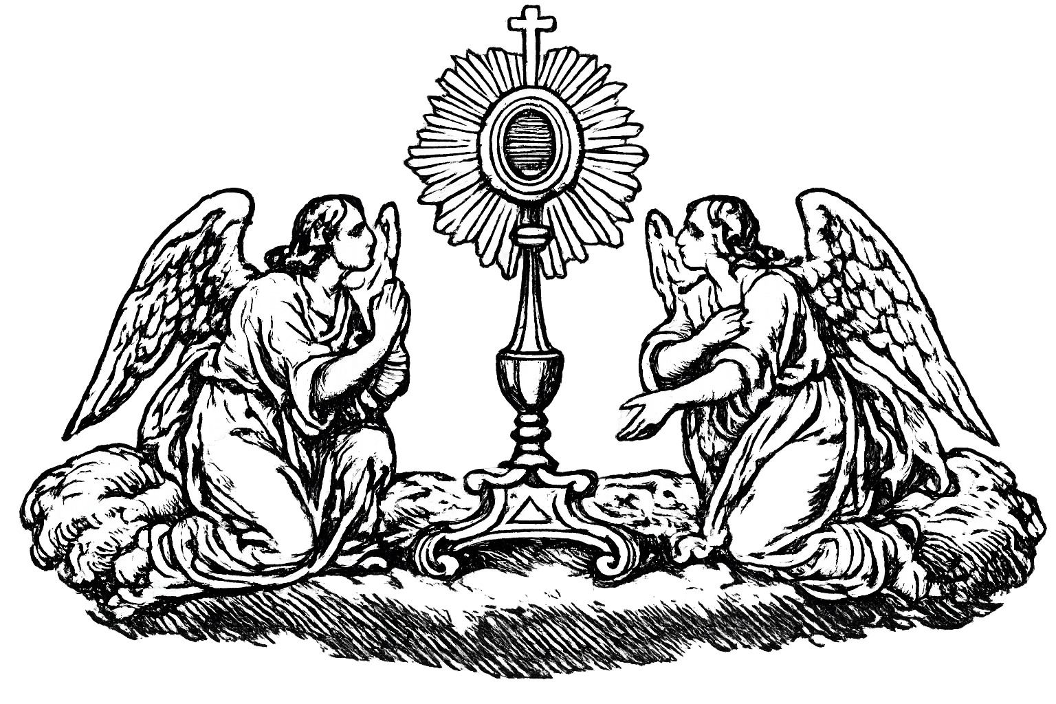 Black and white illustration of two angels kneeling and praying before a monstrance, which contains the Eucharist, with a cross on top, against a dark background.