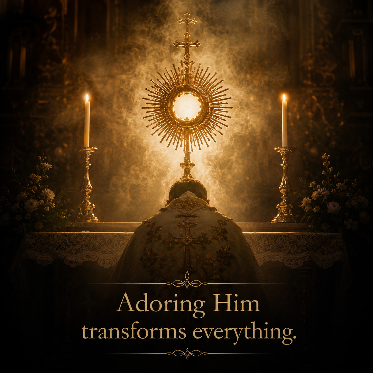 A person kneeling in prayer before a monstrance with a circular center, surrounded by radiating gold rays, illuminated by two lit candles on silver candlesticks, with smoke or mist around the monstrance. The setting is a church with ornate decorations, and there are flowers near the altar. A caption reads: "Adoring Him transforms everything."