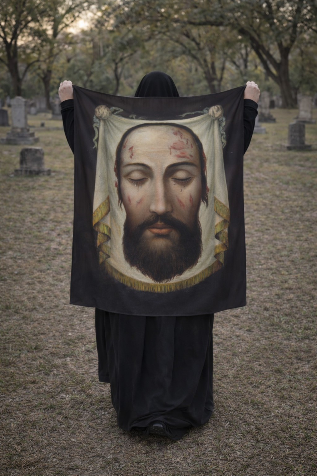 Linda Grace holding a banner of the Holy Face of Jesus in a cemetery. Holy Face Devotion.