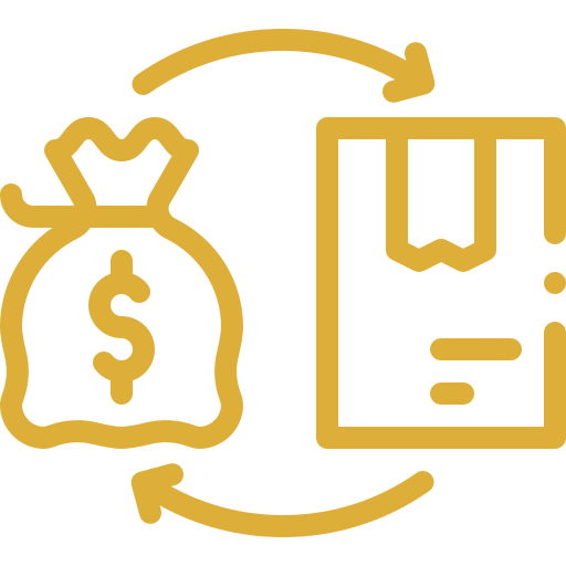 Icon of a money bag with a dollar sign with arrows pointing to and from a box of books, indicating exchange or transfer of money for books or vice versa.