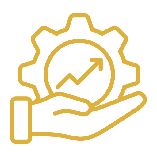 An icon of a hand holding a gear with an upward trending arrow in the center, representing growth or progress.