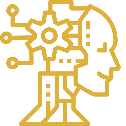 Outline of a human head with a gear and circuit lines inside, representing artificial intelligence or machine learning.
