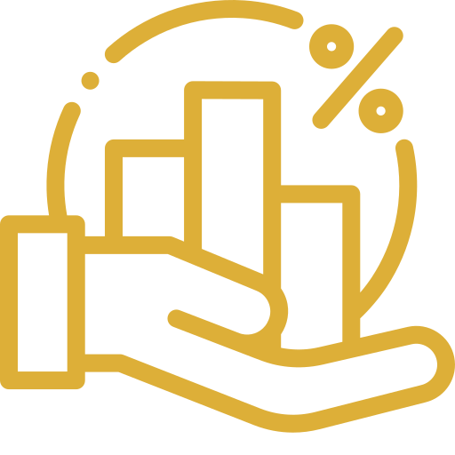 Hand holding a bar chart with a percentage symbol and circular arrow surrounding it.