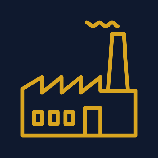 Icon of a factory with a chimney emitting smoke, depicted in gold on a dark background.