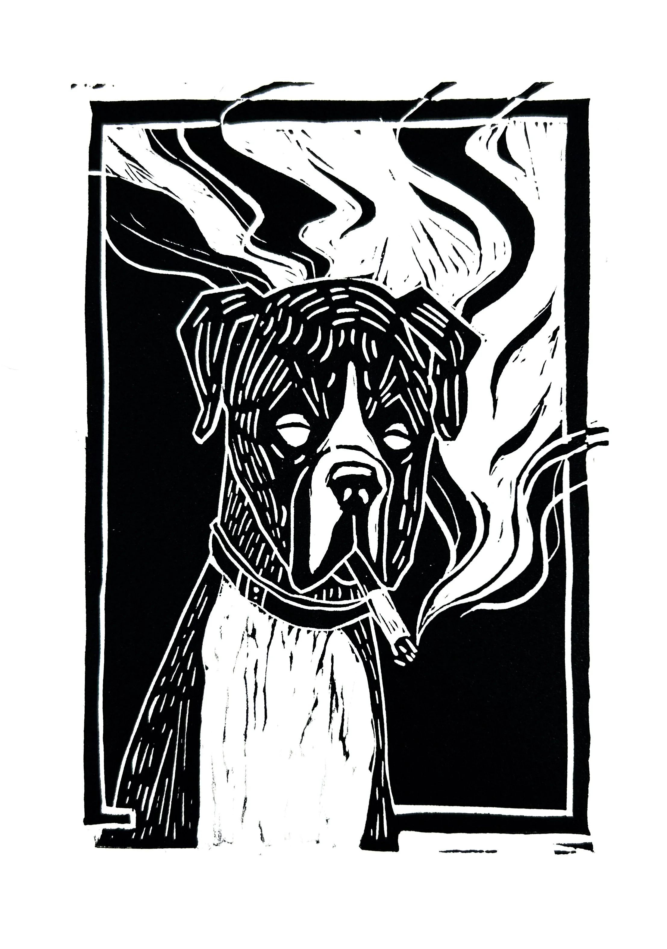 " Hugo with the cigarette " 2023,
Linoleum block print