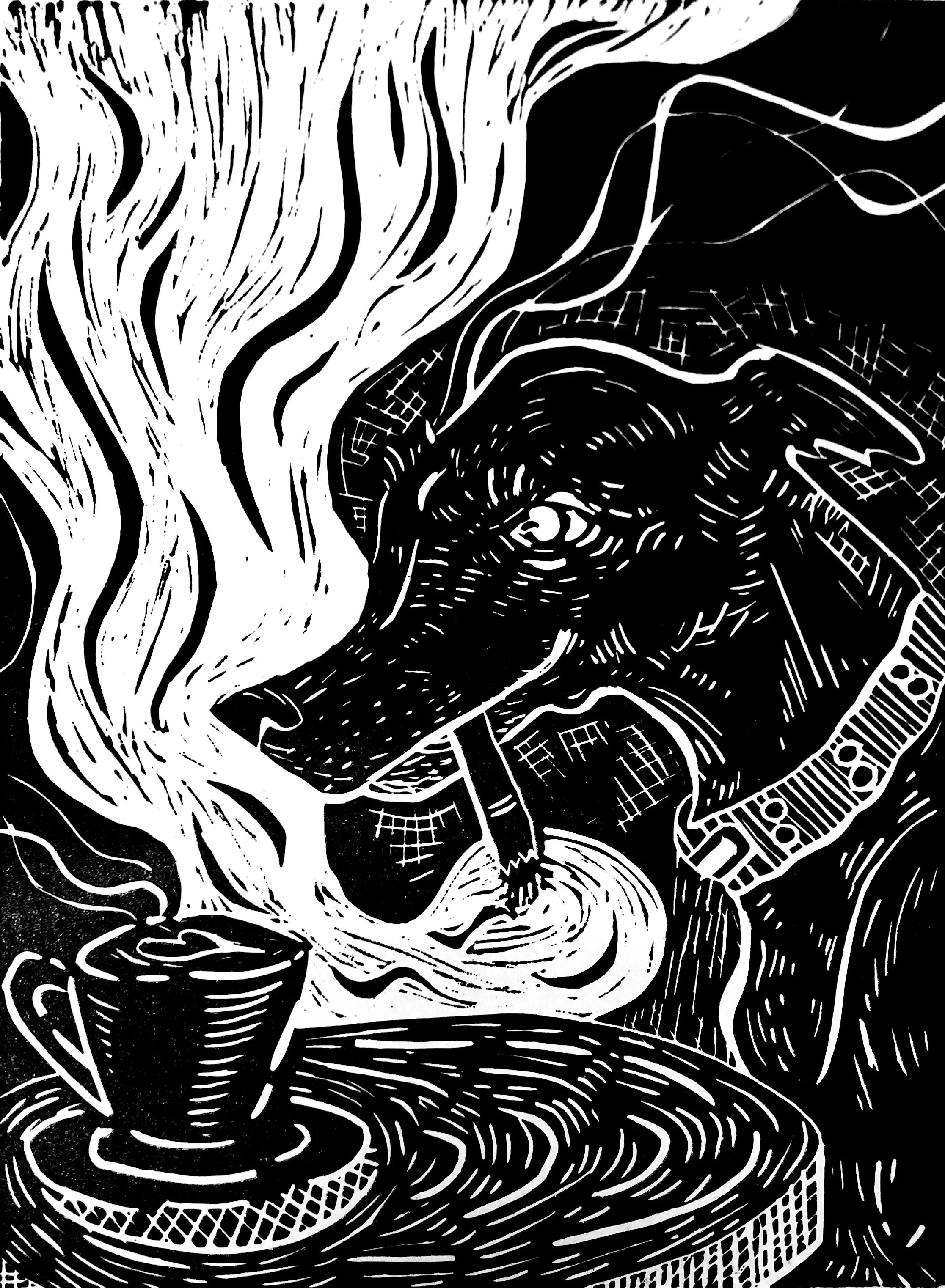 " Dog with the cigarette " 2020,
Linoleum block print
