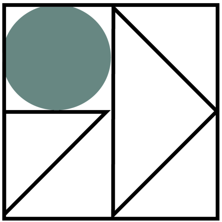 Geometric drawing of an outline square with sections divided by vertical, horizontal, and diagonal lines.