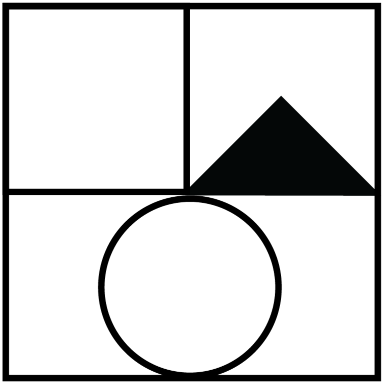 Geometric drawing of an outline square with sections divided by vertical, horizontal, and diagonal lines.