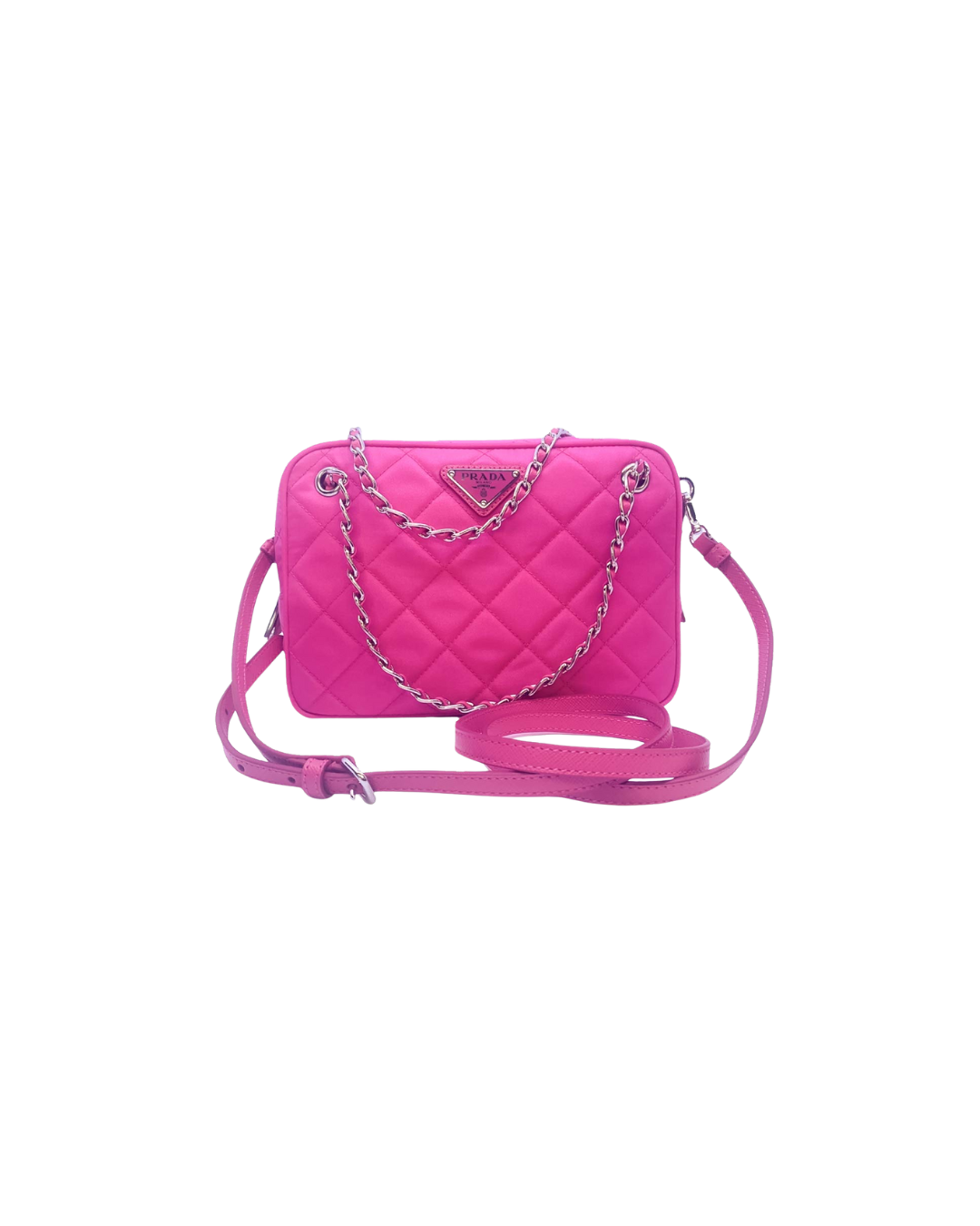 Pink Prada quilted handbag with silver chain strap and logo plaque.