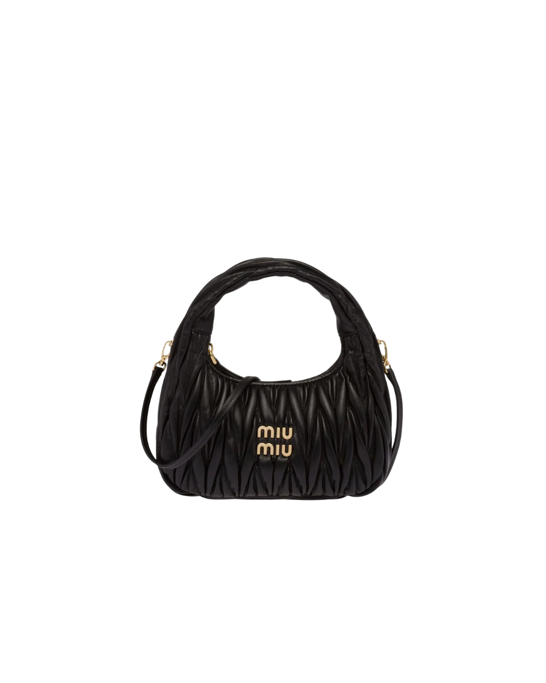 Black Miu Miu handbag with ruched design and gold logo on front, against a black background.