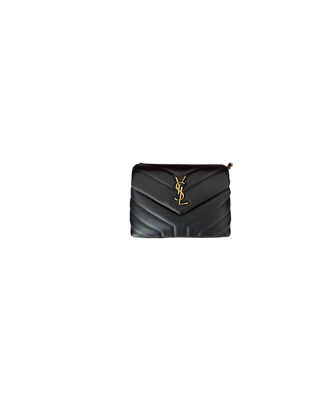 Black YSL designer handbag with chevron quilting and gold logo on front, isolated on white background.