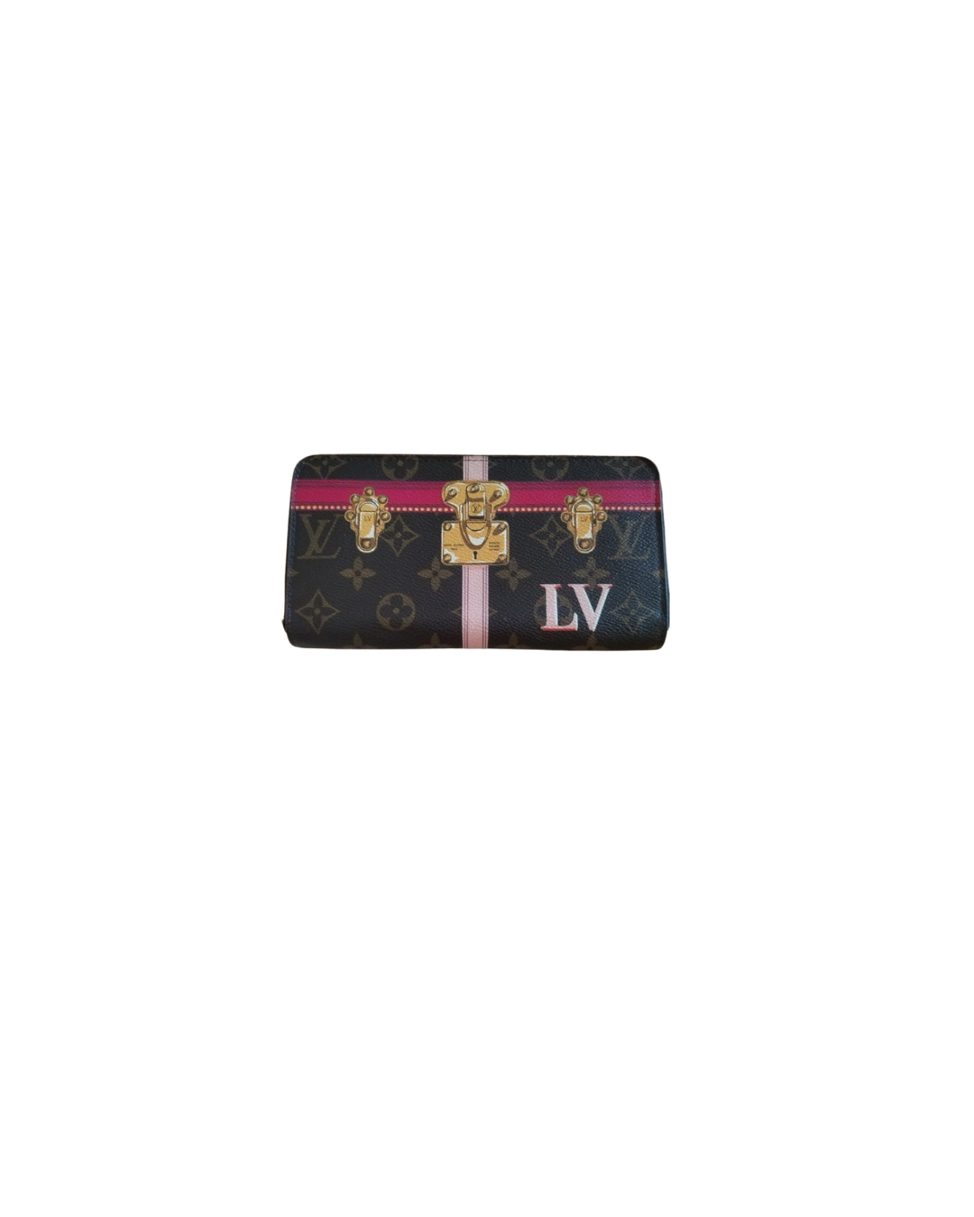 A designer Louis Vuitton clutch purse with a dark monogram pattern, gold-tone hardware, pink stripe, and the initials 'LV' on the lower right corner.