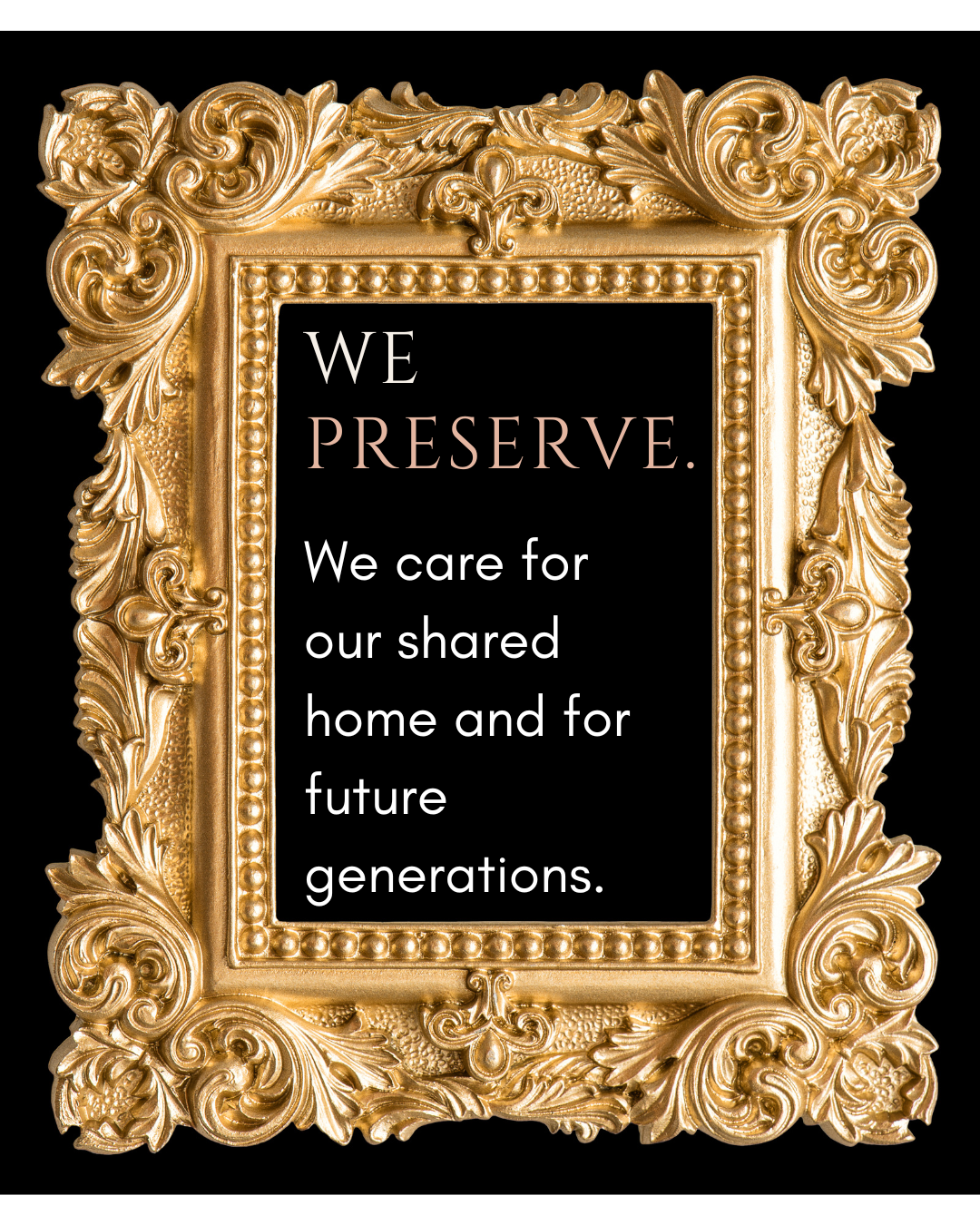 An ornate gold picture frame with a black background and a quote that says, 'We preserve. We care for our shared home and for future generations.'