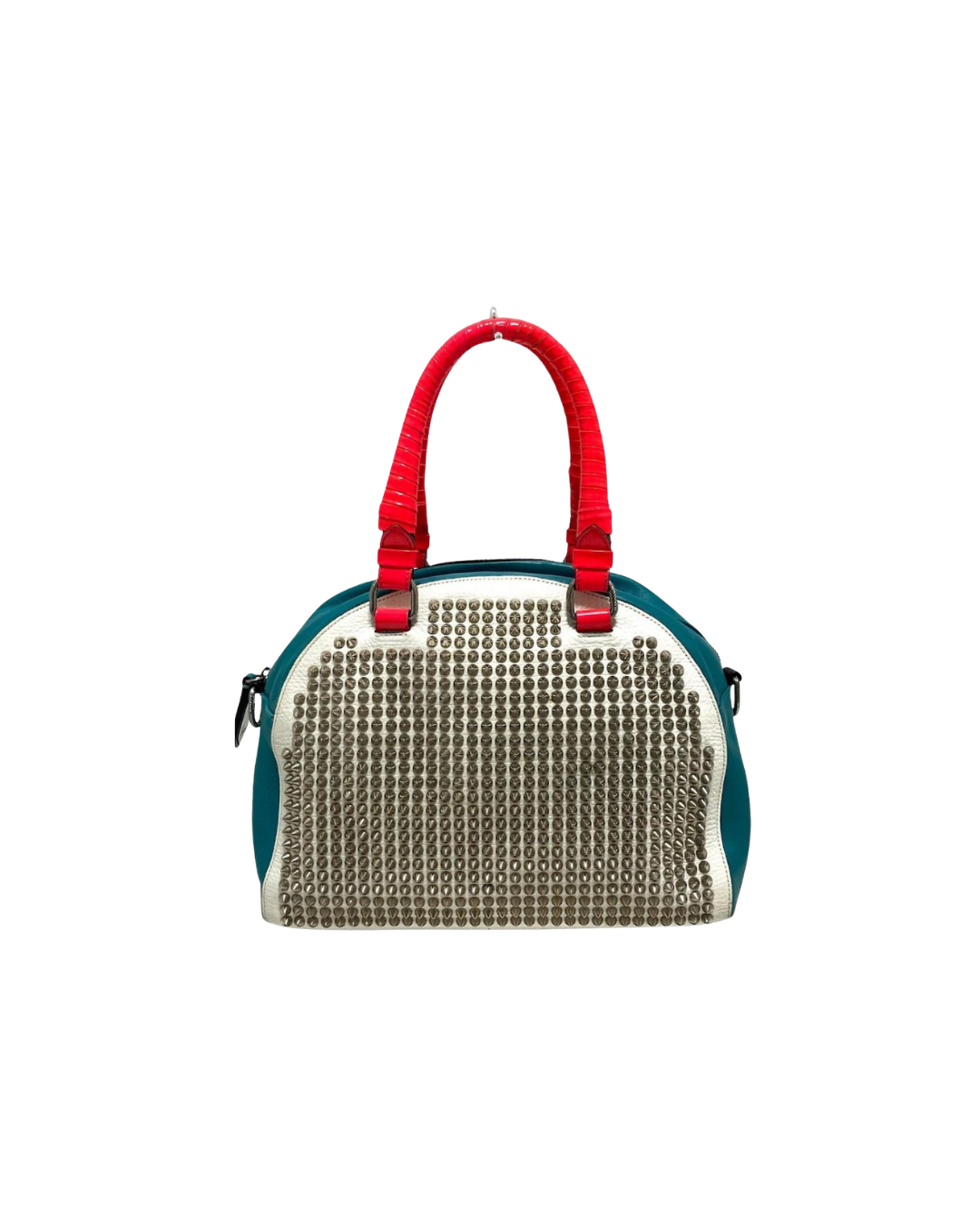 Fashion handbag with white body, metal studded design on the front, red handles, and teal sides, against a black and red background.