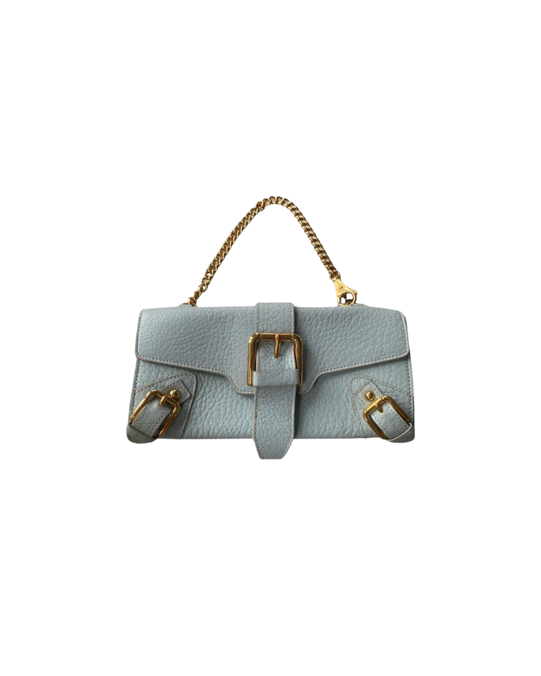 Light gray leather handbag with gold buckles and chain strap.