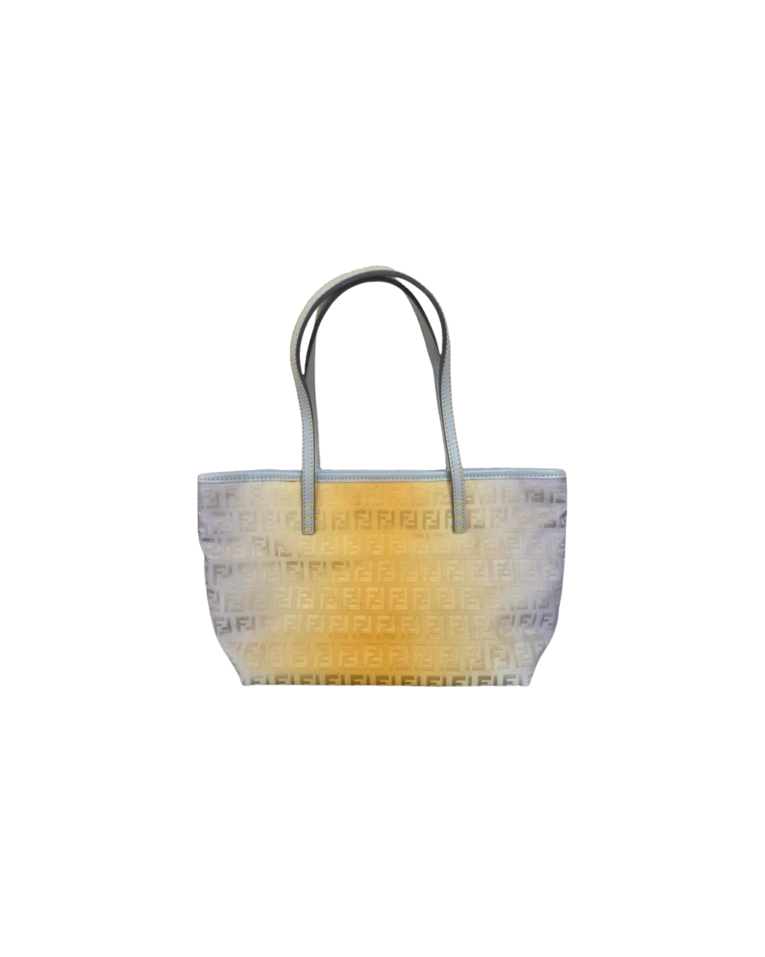 A designer tote bag with a repeating pattern of the Fendi logo, beige and gray coloring, and leather handles.